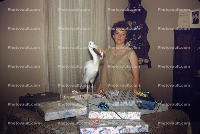 Mother to Be with Stork and Presnts, Baby Shower, 1940s