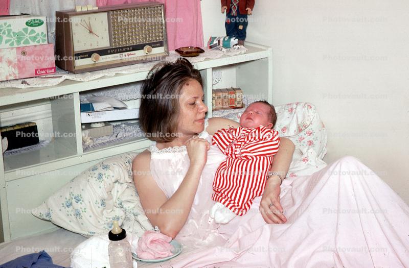 Mom, Baby, Bed, Bottle, Radio, Childbirth, 1960s
