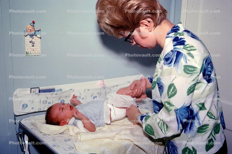 Baby, Boy, Crying, Mother, Child, Diaper, Changing Table, Bouffant Hairdo, 1960s