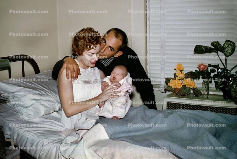 Newborn Baby, Mother, Father, Hospital Bed, Blankets, Flowers, Cute, 1950s, Childbirth