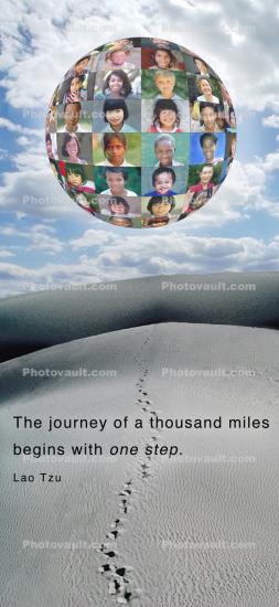 The journey of a thousand miles begins with one step - Lao Tzu, Sand, Footprints, Path, Children Globe in the Sky, Inspirational Poster