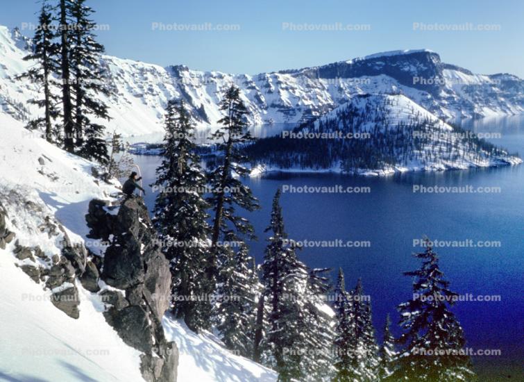 early one morning, snow, Ice, Cold, Frozen, Icy, Winter, evergreen trees, Pine, Crater Lake National Park