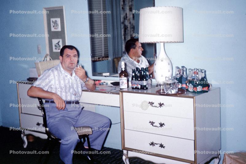 Hotel Room Party, Booze, Man, Desk, Mirror, Lamp, Furniture, lampshade, 1950s