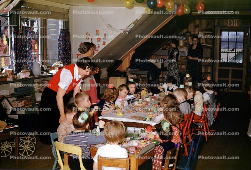 Birthday Party, upstairs attic, table, children, cake, sweets, party hats, 1950s