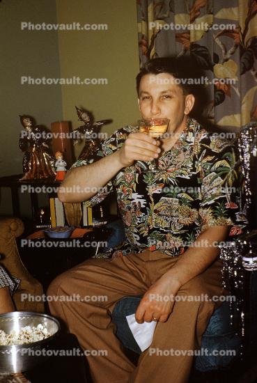 Man at Basement Bar, Cigar, Smiles, Booze, 1940s