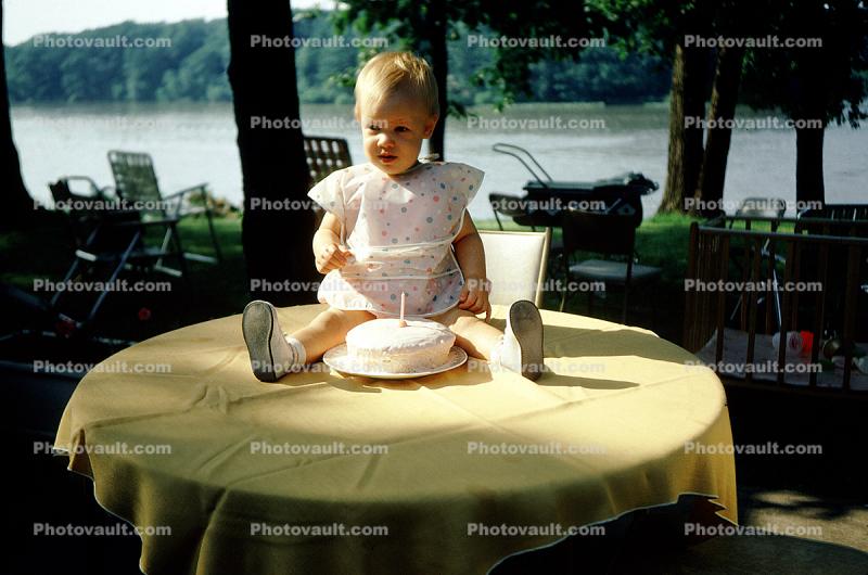 Little Girl 1st Birthday, Cake, Candle, sitting, cute