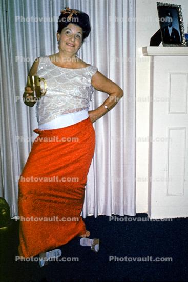 Woman Drunk, dress, beehive hairdo, shirt, belt, drink, drapes, 1960s