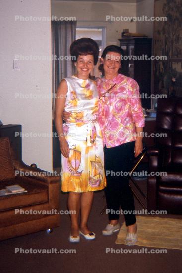 Women, Smiles, Beehive Hairdo, floral dress, shirt, 1960s