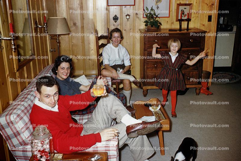 Man, Wooden Walls, Sofa, Woman, Girls, 1950s