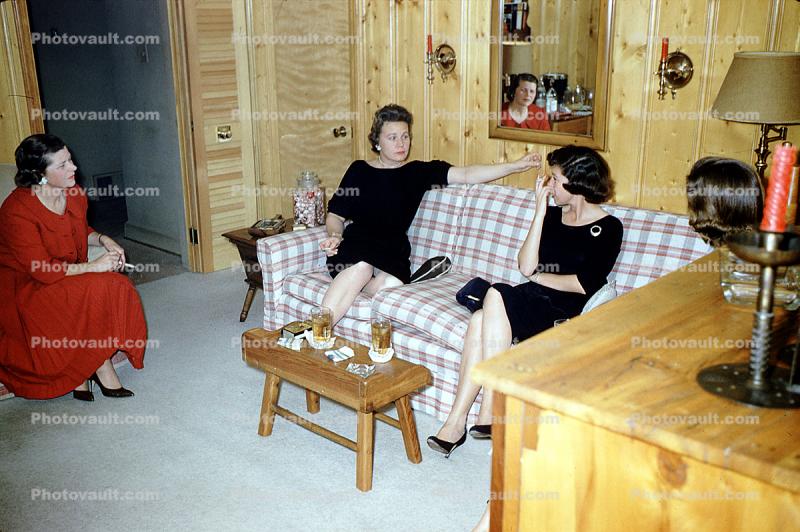 Women, Wooden Walls, Mirror, Sofa, 1950s