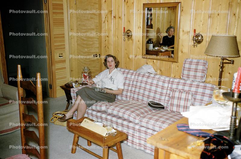 Woman, Wooden Walls, Mirror, Sofa, 1950s