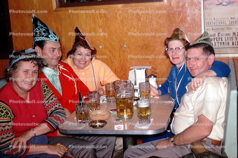 Pitcher of Beer, Alcohol, hats, smiles, birthday, 1950s