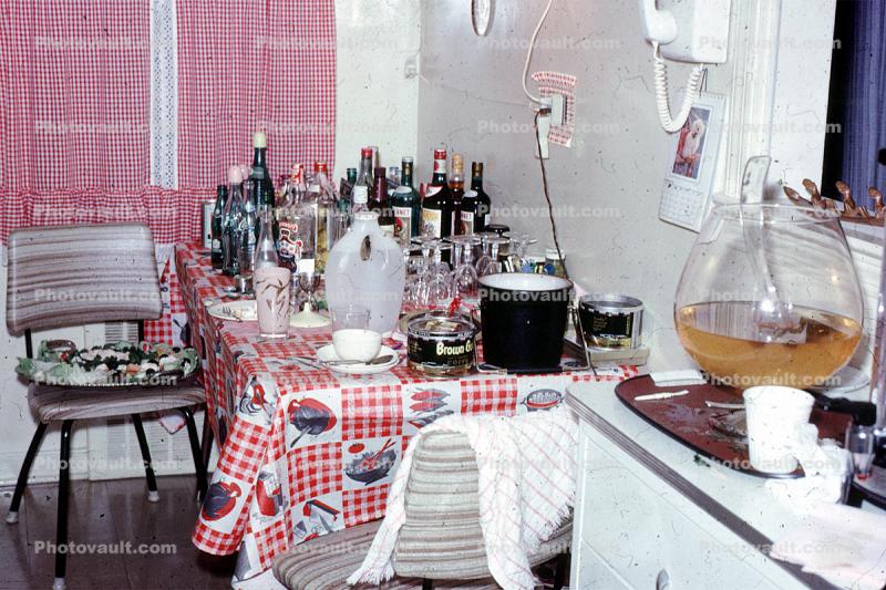 Punch Bowl, Messy Table, Bottles, Chair, 1950s