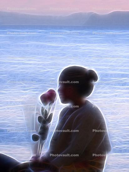 Evening Solitude, Girl, Rose Flower, Paintography, Abstract