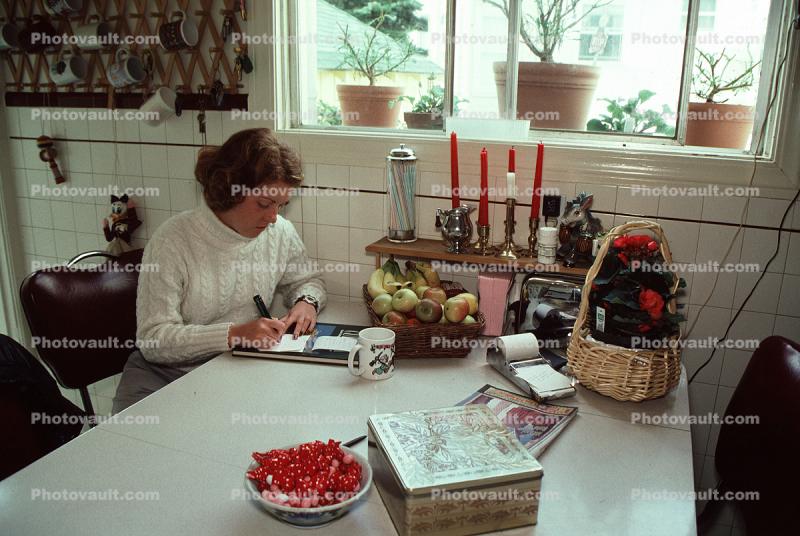 Woman, Table, Candles, Basket, Window