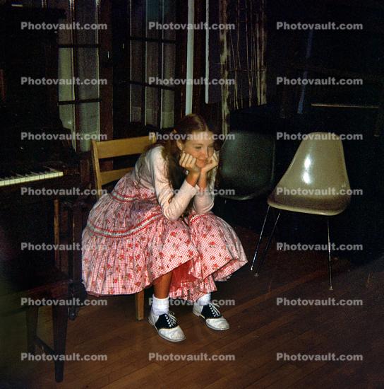 Contemplative Lady, saddle shoes, Dress, Petticoat, Pensive, Pink Dress, 1950s