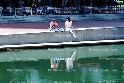 women, pond, water reflection, Justin Herman Plaza, fountain, Aquatics