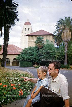 Son and Father, Boy, Hoover Tower, Stanford University, pipe, 1950s