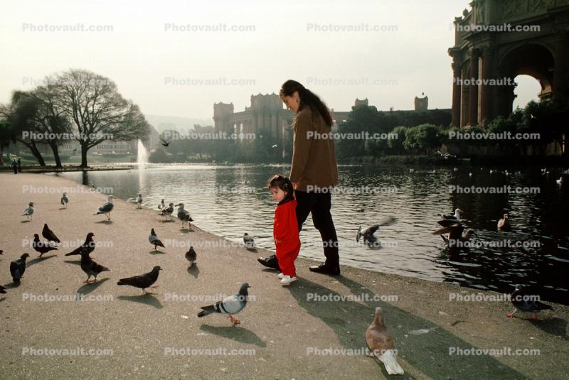 Mother and Daughter, Pigeons, Pond, lake
