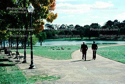 Men Walking on a path, lake, pond, park, trees