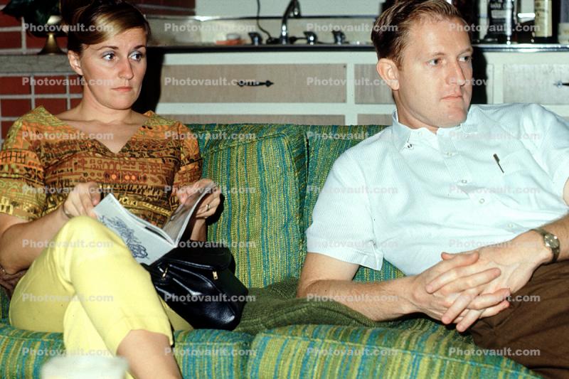 Woman, Man, sofa, purse, October 1968, 1960s
