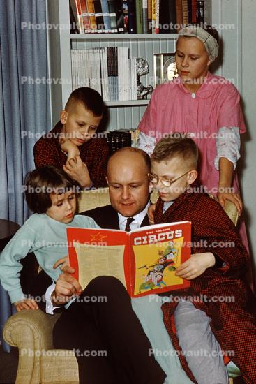 Father Reads to His Children, cute, Circus, Lamp, 1950s