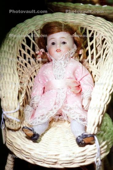 Girl Doll in a Wicker Chair, Robe, Lace