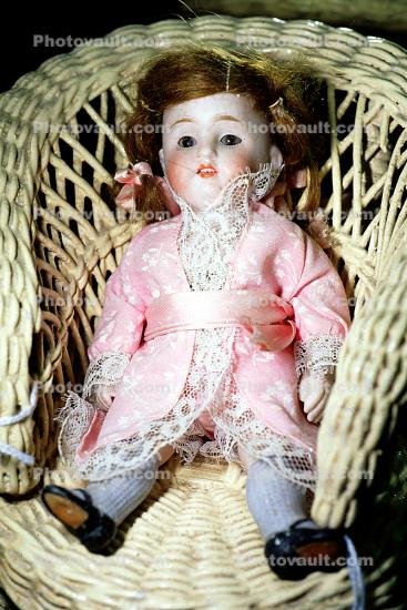 Girl Doll in a Wicker Chair, Robe, Lace