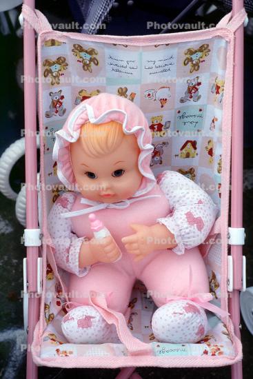 Baby Doll in a Carriage, Bottle Feeding, Bonnet, Ribbons, Baby Bottle, 1960s