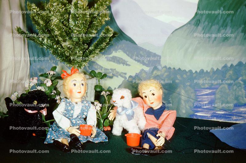 Heidi and Peter on the Mountain drinking water from a cup, Mary had a Little Lamb, diorama, 1950s