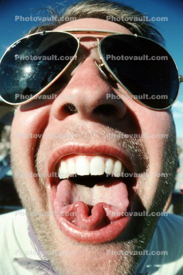 Man, Face, tongue, nose, sun glasses, teeth, curl, hair, fuzz, Boy, Tounge