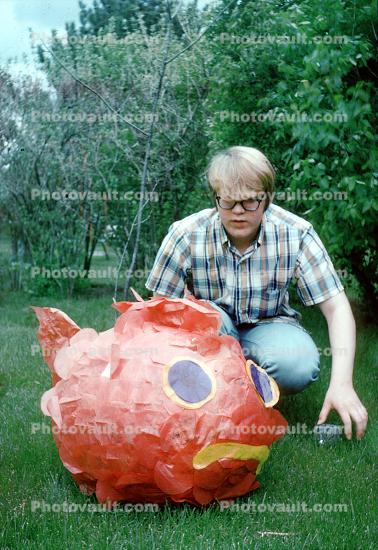 Paper mache goldfish, boy, pinada, 1960s