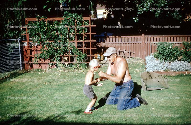 boxing, Father, Son, Backyard, 1960s