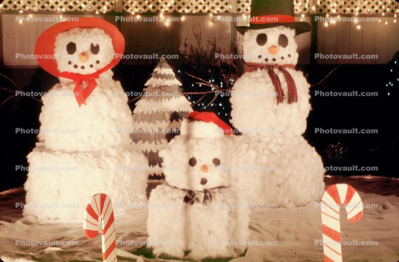 Snowoman, snowman, snowchild, candy canes, night, nighttime