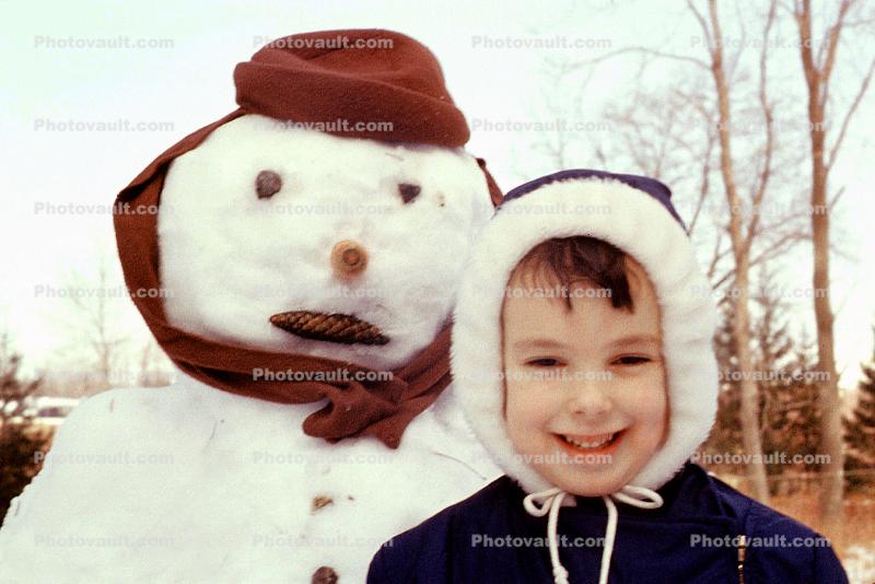 girl, snowman, jacket, hat, smiles, smiling, 1950s