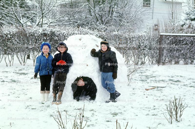 Girl, Boys, sister, siblings, brother, snowman, ice, cold, suburbia