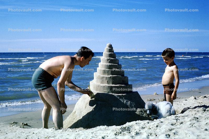 Beach, Father, Son, Cone Sand Castle, Spiral, Ocean, Water, October 1965, 1960s