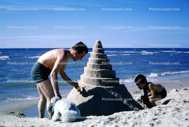 Beach, Father, Son, Cone Sand Castle, Spiral, Ocean, Water, Poodle, October 1965, 1960s