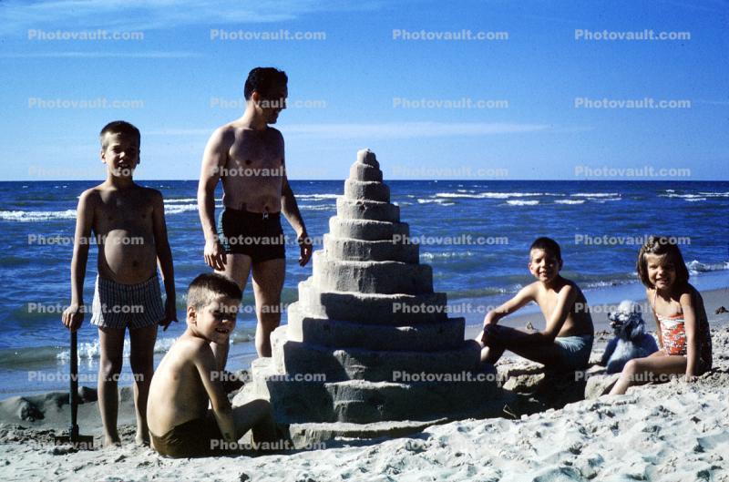 Cone Sand Castle, Beach, Father, Son, Daughter, Cone, Spiral, Ocean, Water, October 1965, 1960s