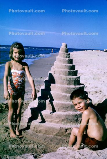 Sister, Brother, Boy, Girl, Sand, Beach, Ocean, Cone, Spiral, Shadow, October 1965, 1960s