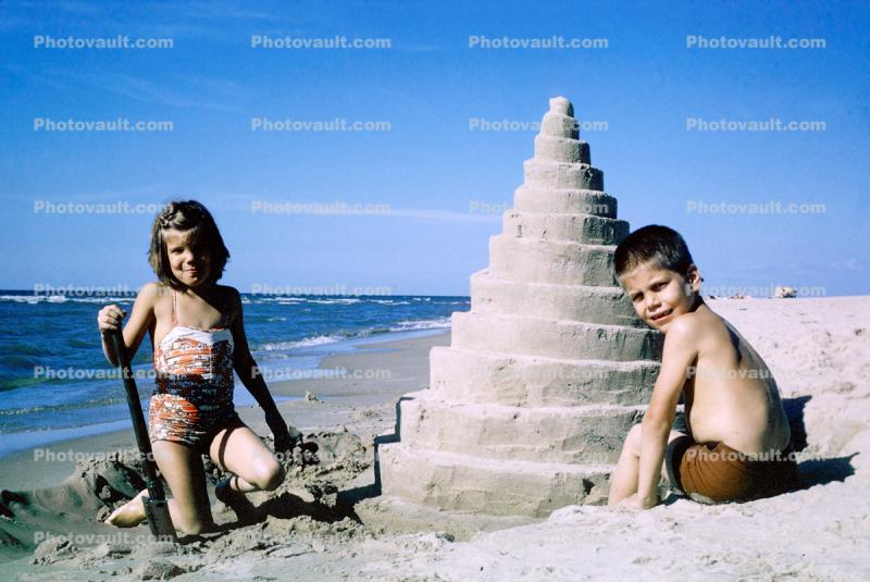 Sister, Brother, Boy, Girl, Sand, Beach, Ocean, Cone, Spiral, October 1965, 1960s