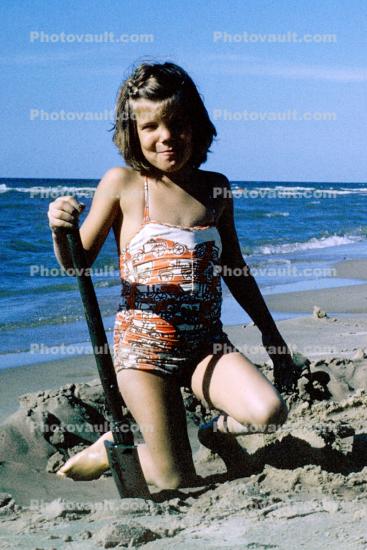 Girl, Beach, Sand, Shovel, Water, Ocean, October 1965, 1960s