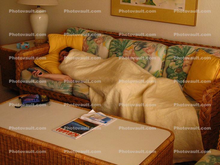 Woman, Sleeping, Couch, Sofa, Table, Pillows