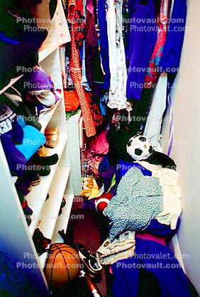 messy closet, basketball, Clothes, shelves, soccer ball