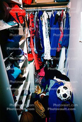 messy closet, Clothes, shelves, soccer ball