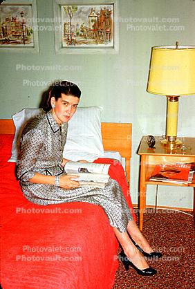 Lady on a Bed, High Heels, lamp, pillow, dress, 1940s