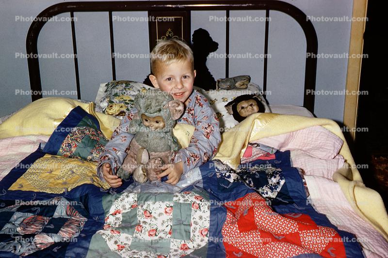Boy, Brass Bed, Quilt, Stuffed Animal, Pillow, 1960s