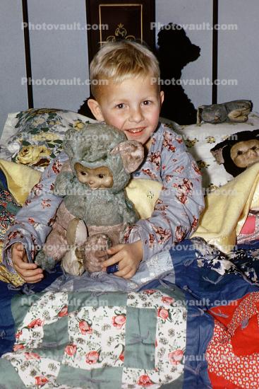 Boy, Brass Bed, Quilt, Stuffed Animal, Pillow, 1960s