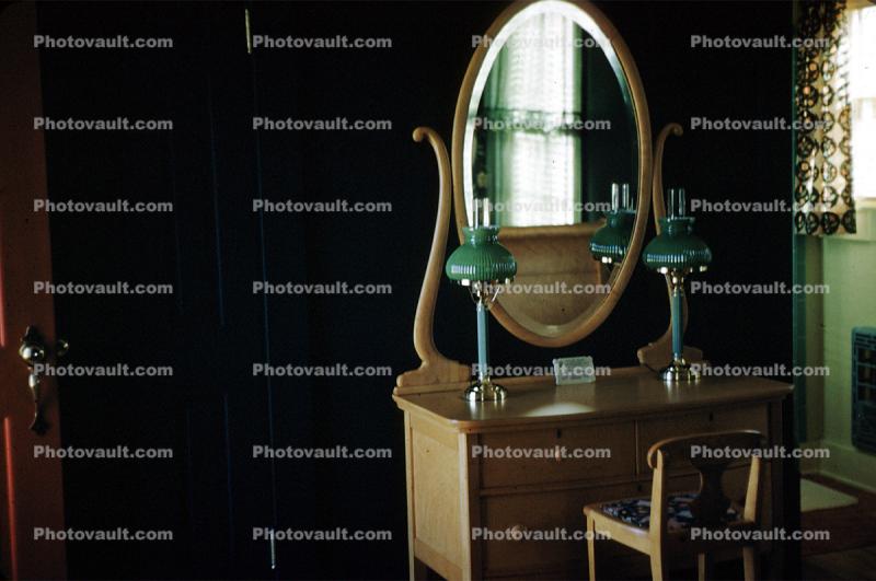 Vanity, mirror, table, chair, lamps, 1950s