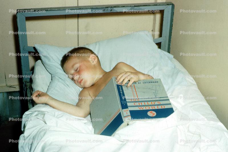 Sleeping Boy, Bed, Book, Asleep, Pillow, 1954 1950s